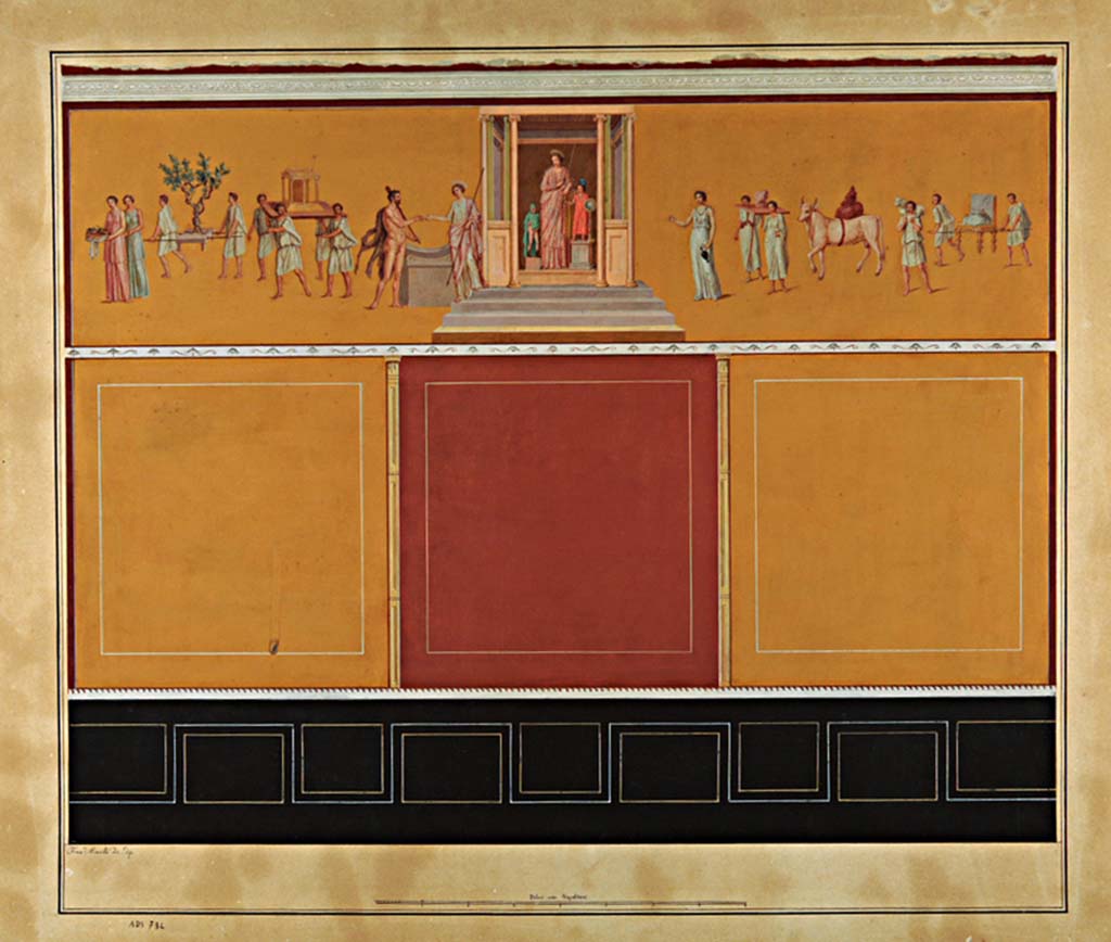 VII.9.47 Pompeii. First half of 19th century. Room 11. Oecus, north wall. 
Watercolour of the wall by F. Morelli with the painting of the wedding of Hercules before the Temple of Venus, shown on the upper frieze.
Now in Naples Archaeological Museum. Inventory number ADS734.
Photo © ICCD. https://www.catalogo.beniculturali.it
Utilizzabili alle condizioni della licenza Attribuzione - Non commerciale - Condividi allo stesso modo 2.5 Italia (CC BY-NC-SA 2.5 IT)
