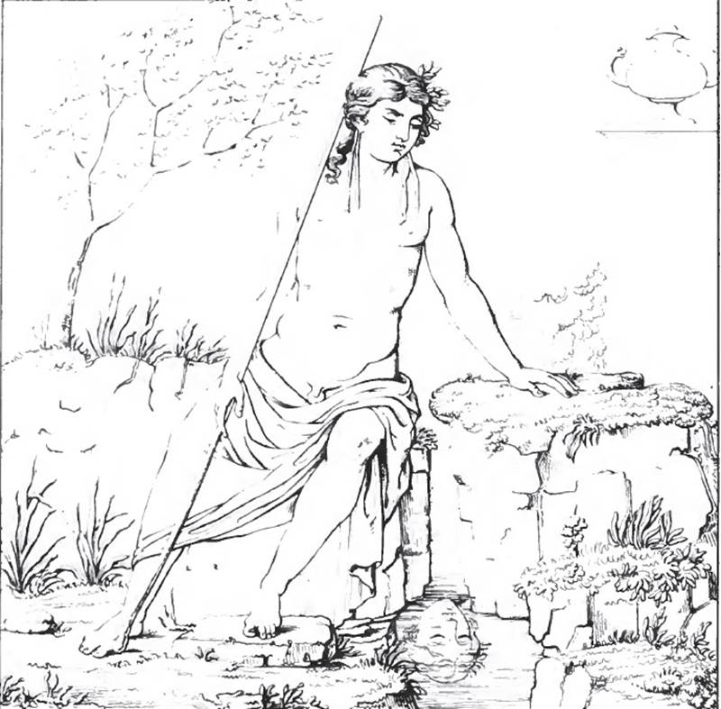 VII.9.63 Pompeii. 1840 drawing of Narcissus.
According to Breton, this house (linked with VII.9.60) was known as “the house of the fisherwoman” because of its painting of Venus fishing.
It was discovered between 1822 and 1823.
At the rear in a small room one could see three paintings – Europa on the bull, Narcissus, and Venus fishing.
The small room may have been one of the rooms from around the peristyle, in the linked house at VII.9.63.
See Roux, H., 1840. Herculanem et Pompei recueil general des Peintures, Bronzes, Mosaiques : Tome 3. Paris: Didot. (pl. 111)
