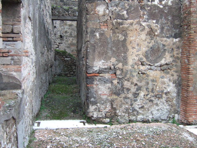 VII.10.5 Pompeii. December 2005. Looking north along passageway leading to kitchen, latrine and storeroom and rear doorway at VII.10.8 