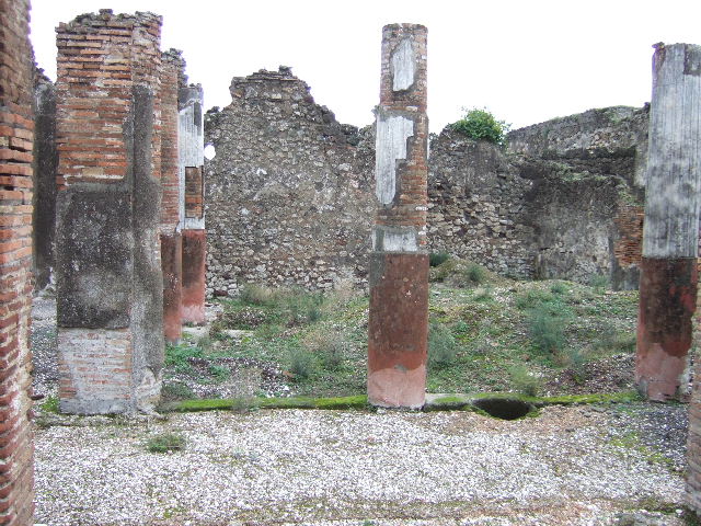 VII.10.5 Pompeii. December 2005. Looking east through doorway from atrium to peristyle. According to Jashemski, at the rear of the atrium was the peristyle garden, excavated in 1863. It was enclosed on the north, west and south by a portico supported by seven columns. The columns were red at the bottom, white and fluted above. There was a pillar flanked by two half-columns at the north-west corner. There was a gutter around the edges of the garden.
See Jashemski, W. F., 1993. The Gardens of Pompeii, Volume II: Appendices. New York: Caratzas. (p.191)

