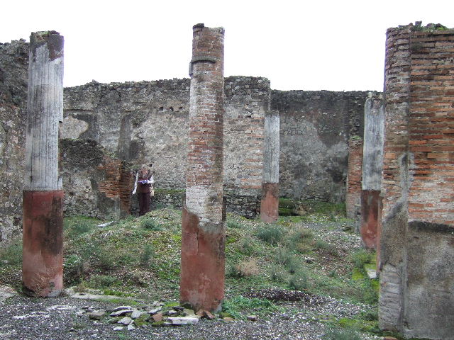 VII.10.5 Pompeii. December 2005. Looking south from north-west corner of portico. The pillar flanked by one of its two half-columns can be seen on the right.
