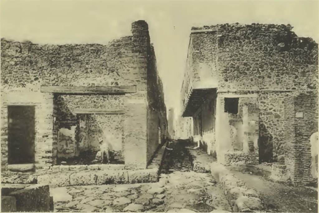 VII.10.10 Pompeii. Looking west c.1880, into shop on left with Vicolo del Balcone Pensile on right.
