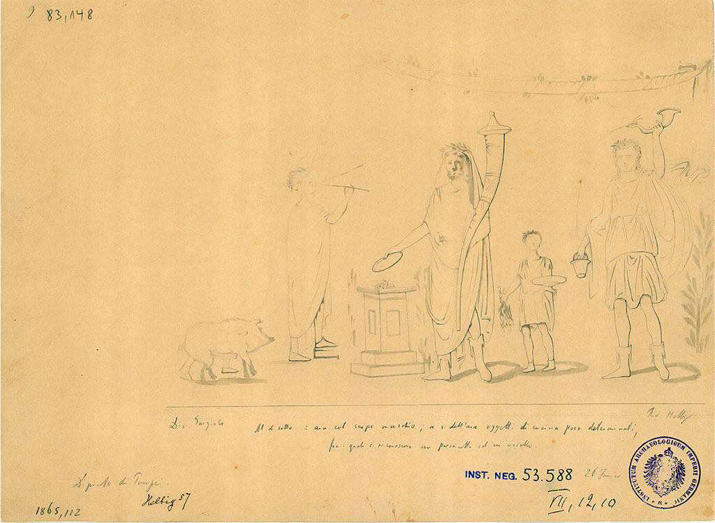 VII.12.10 Pompeii. 1865 drawing by Gargiulo of lararium painting found April 1863 on the west wall of the kitchen above the hearth.
The note on the drawing says: 
Al di sotto: ara col serpe maschio; a s. dell'ara oggetti di cucina poco determinati, fra i quali si riconoscono un prosciutto ed un uccello.
Below: altar with male snake; to the side of the altar not very determined kitchen objects, among which we recognize a ham and a bird.
DAIR 83.148. Photo © Deutsches Archäologisches Institut, Abteilung Rom, Arkiv. 
According to Fröhlich, this drawing showed the upper zone.
According to Boyce, it depicted the usual sacrificial scene of the Genius assisted by the tibicen, popa and camillus.
The entire left side of the panel was missing.
Of the popa only one foot remained.
On each side of the central group was a Lar, of whom only the one on the right remained.
The Lar and the Genius were of the same stature.
See Boyce G. K., 1937. Corpus of the Lararia of Pompeii. Rome: MAAR 14. (p.70, no.314)
In the lower zone was a single male serpent beside an altar.
On the other side of the same altar various objects associated with the kitchen were shown.
Amongst them an eel, two hams and a bird could be distinguished.
See Fröhlich, T., 1991. Lararien und Fassadenbilder in den Vesuvstädten. Mainz: von Zabern. (L.90, Taf. 44,2)
According to BdI, 1864, the painting visible in the kitchen was found in April of the last year, and was described by Reifferscheid in AdI, 1863, p.123 item T. 
There was nothing to add other than the material that covered the chest of the Lares was blue, red that wrapped around the legs, falling to green, and white cloak. 
The left part of the painting was fallen and lost. The height of the painting was around I.32m.
See Bullettino dell’Instituto di Corrispondenza Archeologica (DAIR), 1864, p.115 (described as Casa III).
