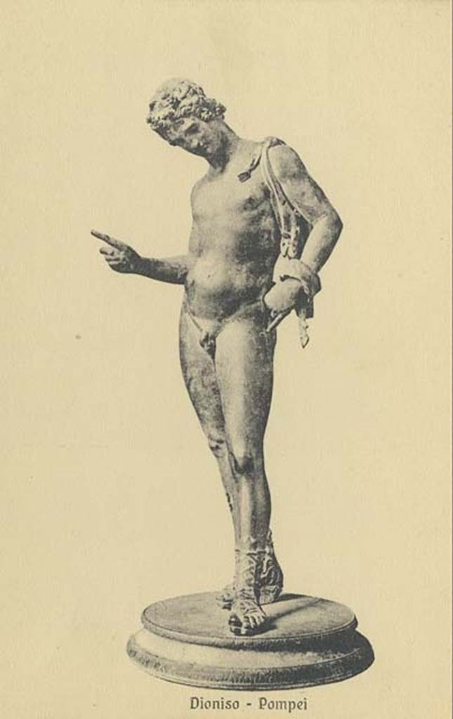 VII.12.17.21 Pompeii. Undated postcard by Sommer.  Statuette of Narcissus, also sometimes described as Dionysus or Pan. Photo courtesy of Rick Bauer.
