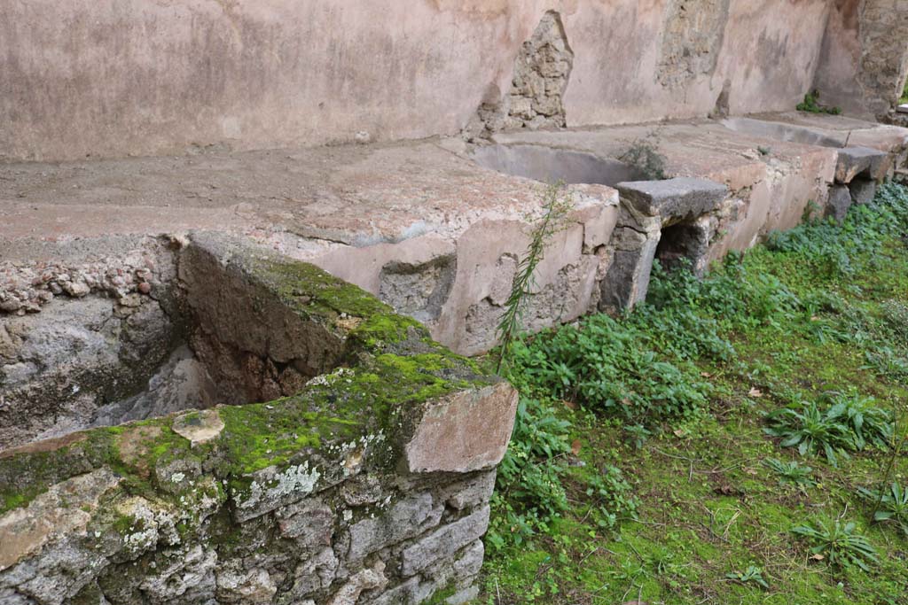 VII.12.17, Pompeii. December 2018. 
Looking west across south side, with two round basins set into podium. Photo courtesy of Aude Durand.
