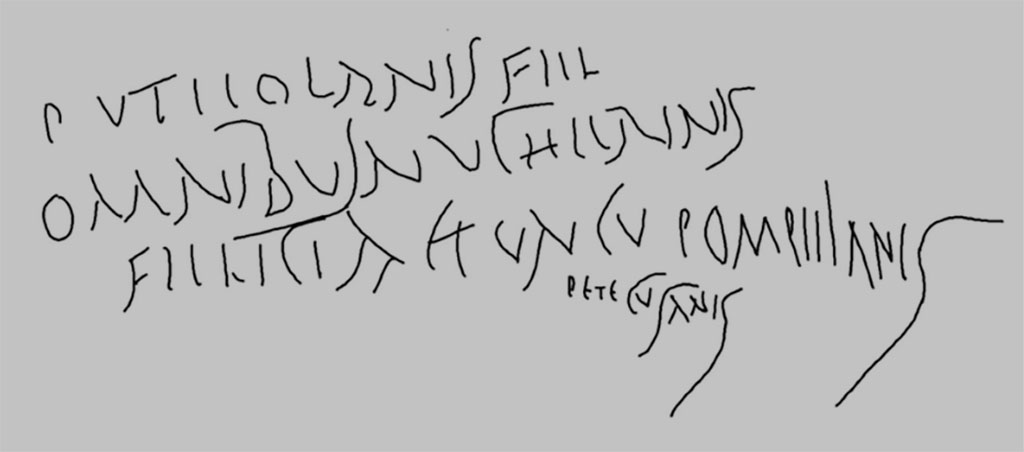 VII.12.18 Pompeii. Graffito on plastered wall of prostitute’s room.
According to the Epigraphic Database Roma these read:
Puteolanis feliciter
omnibus Nucherinis
felicia et uncu(m) Pompeianis
Petecusanis       [CIL IV 2183]

