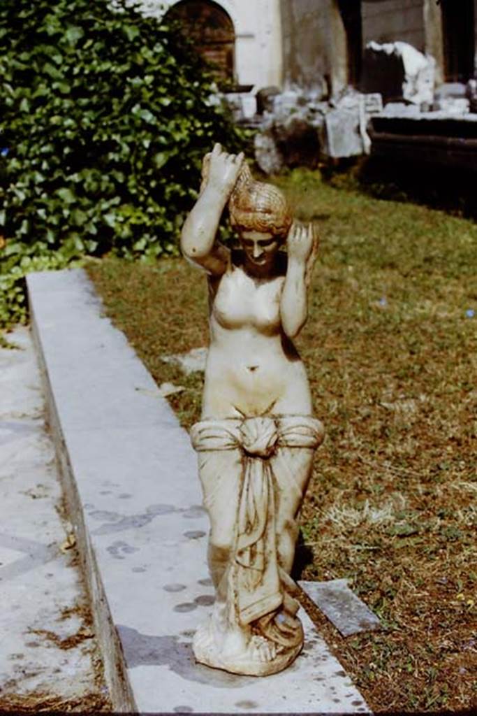 VII.12.23 Pompeii. 1971. Venus, standing half-draped arranging her hair.  Found in a niche on the north wall on 10th April 1863. Photo by Stanley A. Jashemski.
Source: The Wilhelmina and Stanley A. Jashemski archive in the University of Maryland Library, Special Collections (See collection page) and made available under the Creative Commons Attribution-Non Commercial License v.4. See Licence and use details. J71f0287
Now in Naples Archaeological Museum, inventory number 6292.
See Carrella, A, D’Acunto L.A, Inserra, N e Serpe, C:: Marmora Pompeiana nel Museo Archeologico Nazionale di Napoli, (p.134-5, C23, Venere Anadyomene), in Studi della Soprintendenza archeologica di Pompei, 26.
