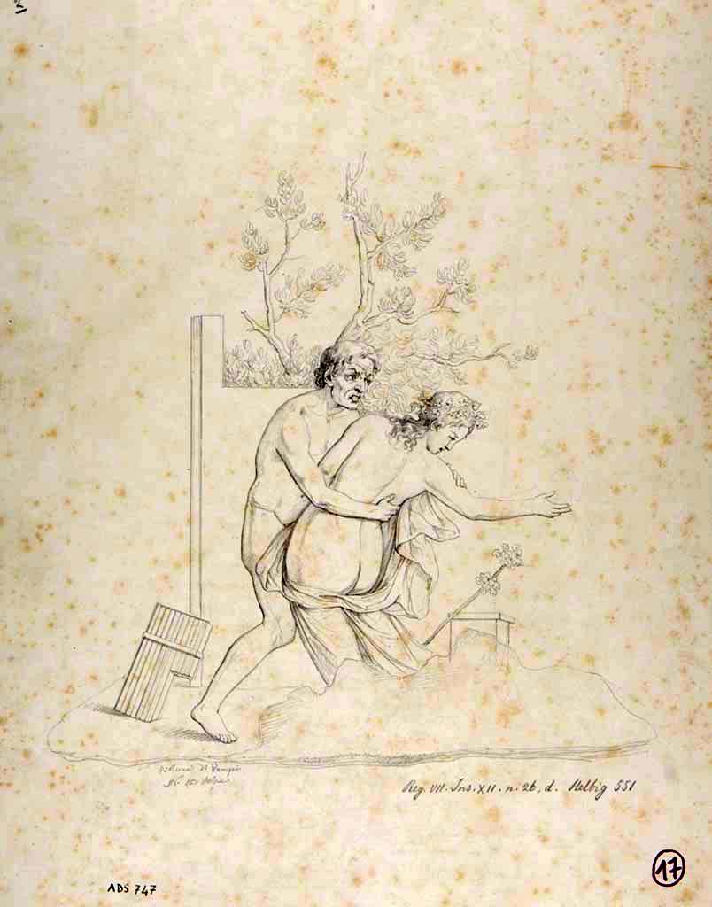 VII.12.26 Pompeii. Drawing by Nicola La Volpe, of a painting of Satyr and Maenad from the walls of the room on the east side of the entrance corridor.
Now faded and lost.
See Helbig, W., 1868. Wandgemälde der vom Vesuv verschütteten Städte Campaniens. Leipzig: Breitkopf und Härtel, (551).
Now in Naples Archaeological Museum. Inventory number ADS 747.
Photo © ICCD. http://www.catalogo.beniculturali.it
Utilizzabili alle condizioni della licenza Attribuzione - Non commerciale - Condividi allo stesso modo 2.5 Italia (CC BY-NC-SA 2.5 IT)
