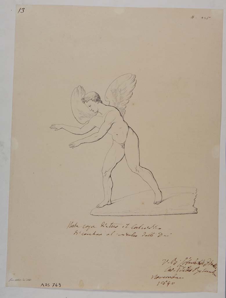 VII.13.4 Pompeii. Drawing by Giuseppe Abbate, 1840, of a painting of a cupid.
This painting has now faded and been destroyed, and it is not certain from which room it came.
According to PPM this was executed contemporaneously with the excavations and may be from cubiculum (i) the same cubiculum as ADS 753 by Abbate and a drawing from La Volpe some 20 years later. 
Now in Naples Archaeological Museum. Inventory number ADS 763.
Photo © ICCD. http://www.catalogo.beniculturali.it
Utilizzabili alle condizioni della licenza Attribuzione - Non commerciale - Condividi allo stesso modo 2.5 Italia (CC BY-NC-SA 2.5 IT)
See Carratelli, G. P., 2003. Pompei: La documentazione nell'Opera di disegnatori e pittori dei secoli XVIII e XIX. Roma: Istituto della enciclopedia italiana, p. 254, fig. 30; p. 688, fig. 141.
