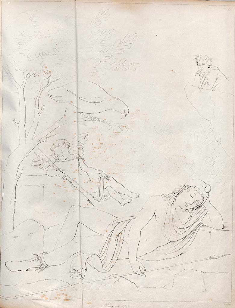VII.13.4 Pompeii. 1840. Drawing by Zahn of sleeping Ganymede, from north wall of oecus/cubiculum.
According to Zahn, this painting was discovered in the Strada de’ Mercadanti, in a house near to the Calcidium, opposite the Casa del Cignale, (Cinghiale).
See Zahn, W., 1842-44. Die schönsten Ornamente und merkwürdigsten Gemälde aus Pompeji, Herkulanum und Stabiae: II. Berlin: Reimer, taf. 32.
