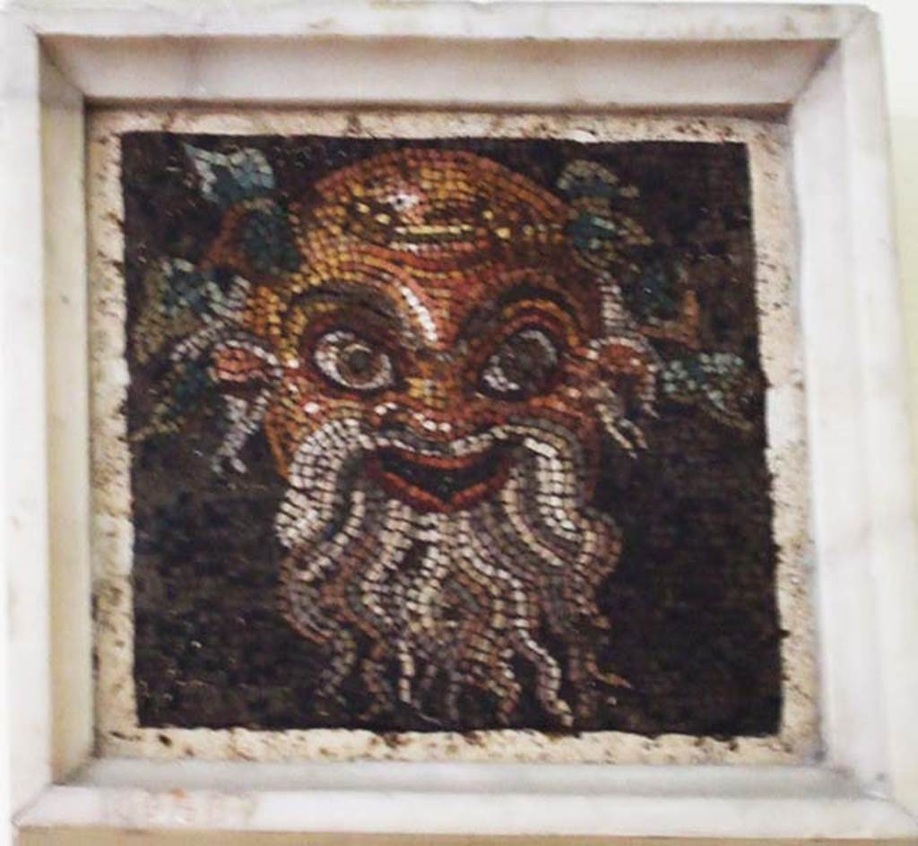 Mosaic mask found at VII.13.23 on 17th November 1821. 
Now in Naples Archaeological Museum. Inventory number 109687. 
