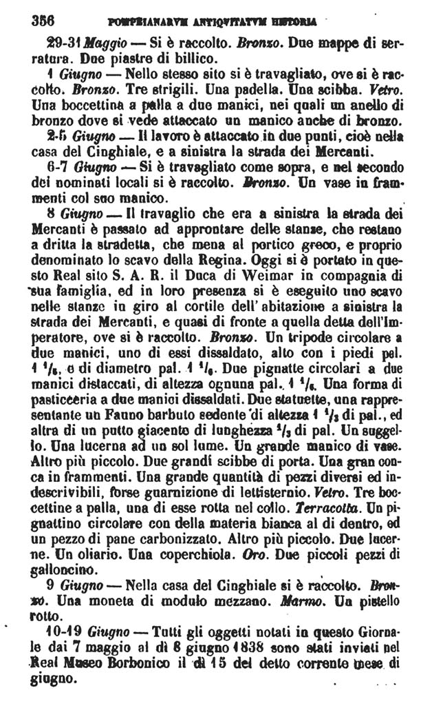 VII.14.9 Pompeii. Fiorelli, PAH II, May 1838 – 19th June 1838.
This records the visit of Duke Bernhard von Sachsen Weimar on 8th June 1838.
See Fiorelli G., 1862. Pompeianarum antiquitatum historia, Vol. 2: 1819 - 1860, Naples, p. 356.

