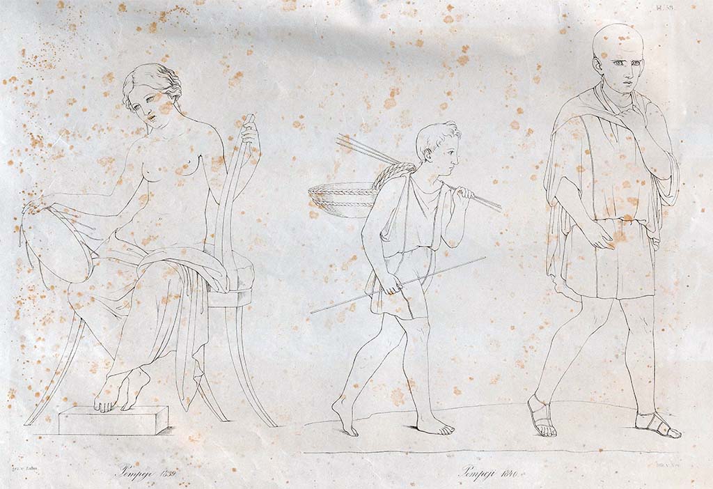 VII.14.15 Pompeii. 1840. Drawing of two fishermen, on the right, by Zahn, however he states –
“The second painting represents country people in a house next to the Casa del Cignale.”
The painting on the left, discovered 1839 in Pompeii, he wrote was –
“The bacchante in a house of the Strada della Fortuna, sitting, holding a tambourine, painted on a white background, with yellow drapery. 
The cushion of the seat on which she sits, is purple.”
See Zahn, W., 1842-44. Die schönsten Ornamente und merkwürdigsten Gemälde aus Pompeji, Herkulanum und Stabiae: II. Berlin: Reimer, taf. 58.

