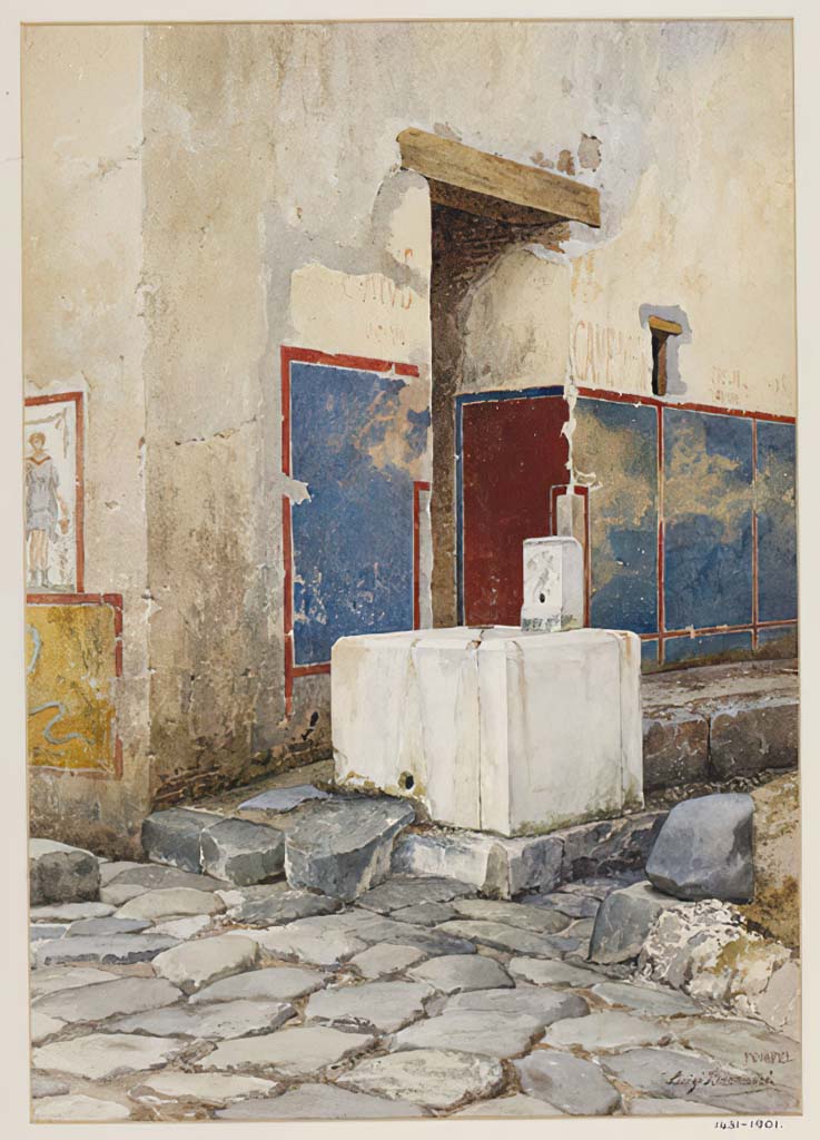 VII.15.1 Pompeii. 1876 watercolour by Luigi Bazzani.
Façade and entrance doorway behind fountain in Vicolo del Gallo, in centre.
Photo © Victoria and Albert Museum. Inventory number 1431-1901.
Photo courtesy of Davide Peluso.
