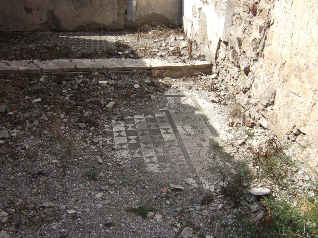 VII.15.2 Pompeii. September 2005. Bedroom on west side of atrium with raised bed platform. The front edge is covered with a strip of white veined marble.
