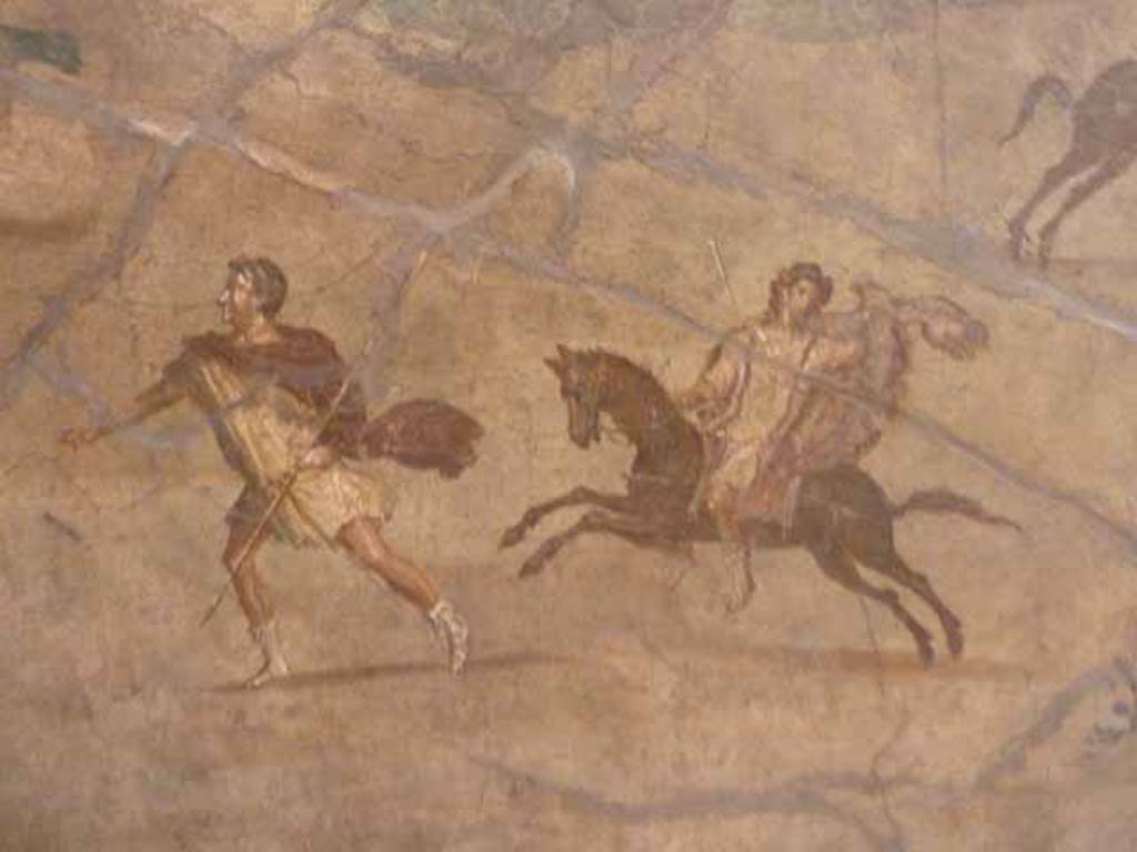 VII.15.2 Pompeii. May 2010. Detail from Slaughter of the Niobids from north wall of apodyterium. The children of Niobe try to flee the deadly arrows but are in chaos. Now in Naples Archaeological Museum.  Inventory number 111479.