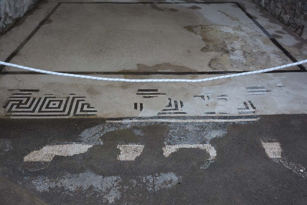 VII.15.2 Pompeii. May 2018. Detail of black and white “meander” pattern mosaic threshold, between atrium and ala flooring.
Photo courtesy of Buzz Ferebee. 
