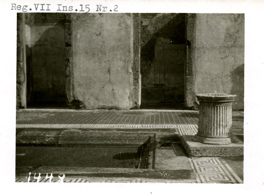 VII.15.2 Pompeii. Pre-1937-39. 
Looking east towards two doorways (cubiculum g, on left, and cubiculum f, on right) on east side of atrium.
Photo courtesy of American Academy in Rome, Photographic Archive. Warsher collection no. 1448.

