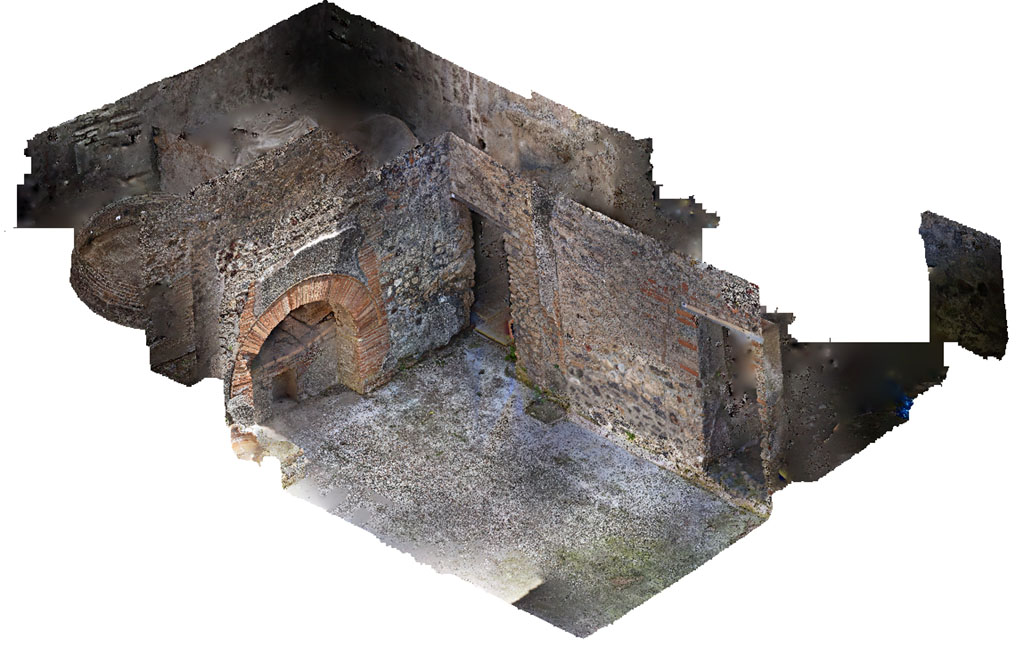VII.15.16 Pompeii. 2019. 3D model of bakery area. 
The oven is seen in the east wall with doorways to rooms O (left) and N (right) in the south wall.
Photo courtesy of Nicolas Monteix and colleagues.
