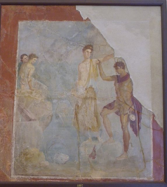 VII.16.10 Pompeii.  Found on 20th Feb 1851.  Oecus (10) on west side of atrium, adjoining the tablinum. Wall painting the drunken Hercules with Omphale and cupids who are stealing his club. Cut from the wall and taken to Naples Archaeological Museum.  Inventory number 9000. See Prisciandaro, R., 2006. Studio sulle provenienze degli oggetti rinvenuti negli scavi borbonici del regno di Napoli.  Naples : Nicola Longobardi.  (p.165).
PAH II, 493.