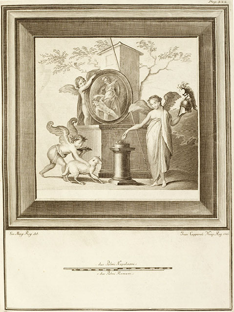 VII.16.17-22 Pompeii. Found 28th April 1759. Drawing of painting of three cupids and shield with a scene of a warrior about to kill another person.
See Antichità di Ercolano: Tomo Secondo: Le Pitture 2, 1760, Tav. XLI, p. 233.
Now in Naples Archaeological Museum.  Inventory number 9234.
See Helbig, W., 1868. Wandgemälde der vom Vesuv verschütteten Städte Campaniens. Leipzig: Breitkopf und Härtel, 774.
