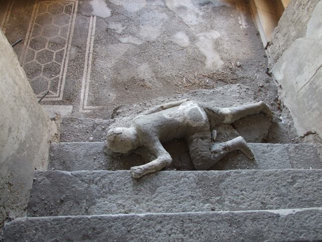 VII.16.17-22 Pompeii. September 2015. Exhibit from the Summer 2015 exhibition in the amphitheatre. Plaster cast of a body found huddled together with the others on the stairs that led to the ground floor.
