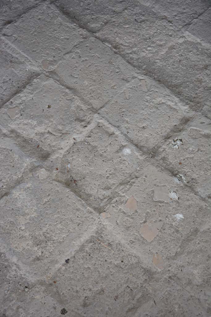 VII.16.22 Pompeii. October 2018. Oecus 62, detail of flooring.
Foto Annette Haug, ERC Grant 681269 DÉCOR.
According to Grimaldi –
“The removal of the floor does not seem to have been the work of the Bourbon excavators: in fact, at the time of discovery the tiles were not found in situ, unlike the various objects and furnishings including the facings of the triclinium couches, a bronze lamp (SAP, inv. 13112) and a small table with a cupid on a dolphin.”
See Aoyagi M. and Pappalardo U., 2006. Pompei (Regiones VI-VII) Insula Occidentalis. Napoli: Valtrend. (p.376).


