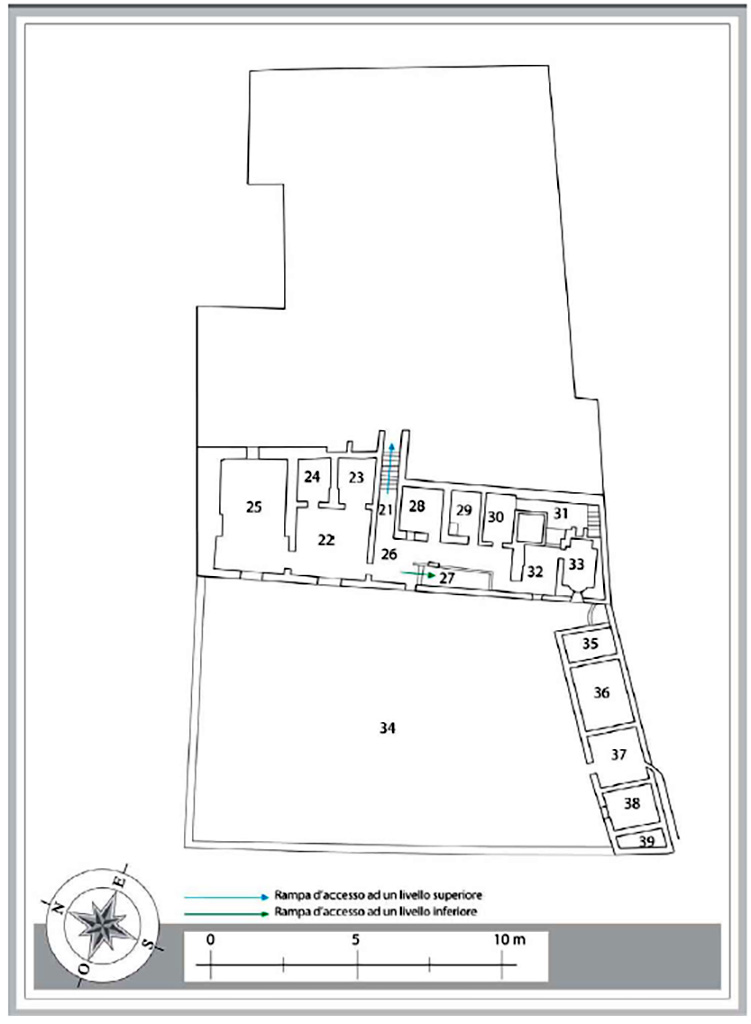 VII.16.17 Pompeii. Casa di Maius Castricius. Plan of second lower level floor.
Plan M. Notomista and E. Piccirilli.
See Varriale I., VII 16, Insula Occidentalis, 17, Casa di Maius Castricius in Aoyagi M., Pappalardo U., 2006. Pompei (Regiones VI-VII) Insula Occidentalis. Napoli: Valtrend, p 427, Tav. 13.

