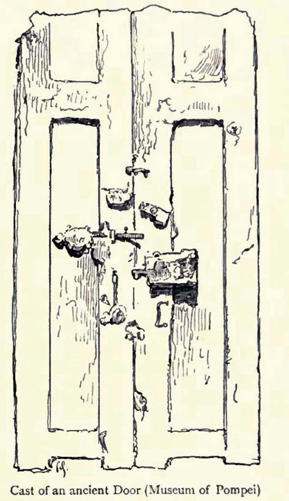 VIII.1.4 Pompeii Antiquarium. Drawing by Gusman of cast of an ancient door with locks.
See Gusman P., 1900. Pompeii: The City, Its Life & Art. London: Heinemann, p. 255.

