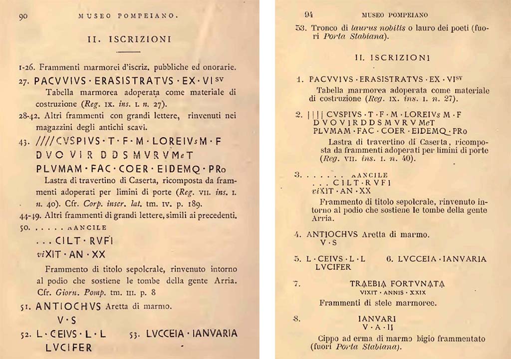 VIII.1.4 Pompeii Antiquarium. Fiorelli, G., 1877. Guida di Pompei. (p.90). Fiorelli, G., 1897. Guida di Pompei, (p.94).