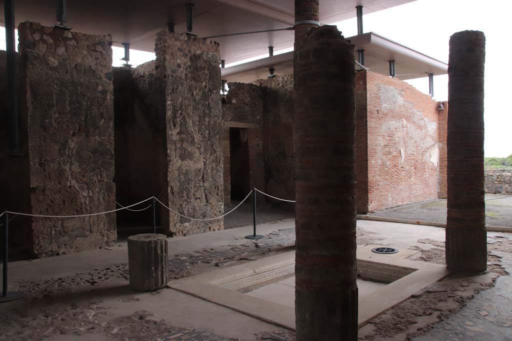 VIII.2.1 Pompeii. October 2020. Looking south-east across atrium towards east wall of tablinum, on right. Photo courtesy of Klaus Heese.
