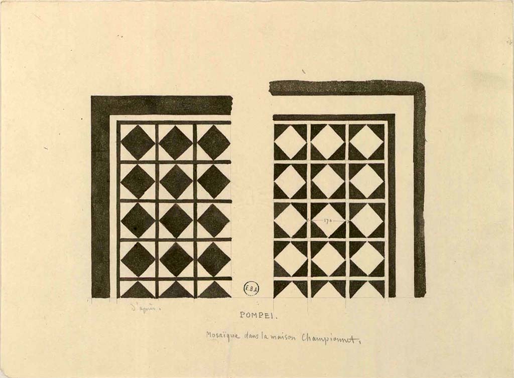 VIII.2.1 Pompeii. Drawing by Lesueur of floor mosaics from the House of Championnet, possibly from the corridor on west side of tablinum.
See Lesueur, Jean-Baptiste Ciceron. Voyage en Italie de Jean-Baptiste Ciceron Lesueur (1794-1883), pl. 48.
See Book on INHA reference INHA NUM PC 15469 (04)  « Licence Ouverte / Open Licence » Etalab


