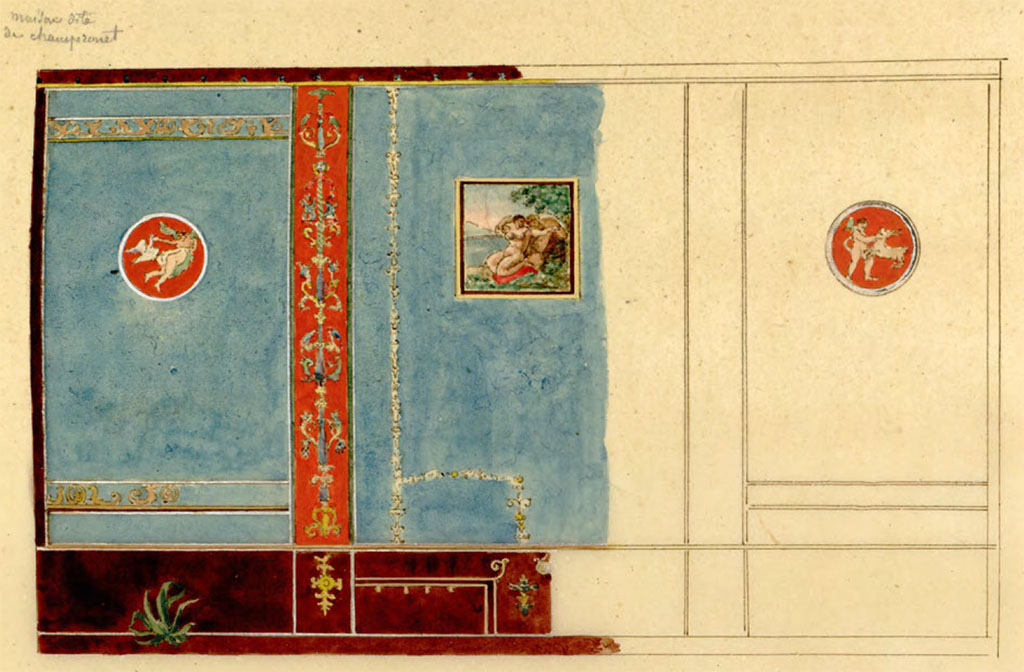 VIII.2.1 Pompeii, c.1817. Watercolour sketch by Chenavard of wall of triclinium, or cubiculum.
See Chenavard, Antoine-Marie (1787-1883) et al. Voyage d'Italie, croquis Tome 3, pl. 119.
INHA Identifiant numérique : NUM MS 703 (3). See Book on INHA 
Document placé sous « Licence Ouverte / Open Licence » Etalab   
