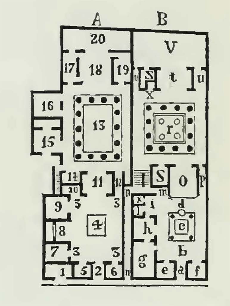 VIII.2.1/3 Pompeii. 1855 plan by Breton. House A = VIII.2.3, House B = VIII.2.1. North is at the bottom of the plan.
The cryptoporticus of the lower level 1 is under the portico/peristyle (r) in the house on the right of the above plan. (p. 341)
According to Breton –
“The cryptoporticus, which extends under the portico of the peristyle, surrounds the four rooms located under the area, rooms empty of any decoration, and the one which served as a kitchen still retains its stove. Several small vaults also open onto the cryptoporticus, which no doubt also communicated with the summer apartment situated under the terrace and under the oecus.  
Of the rooms which composed it, only one is visible, it is 8m.80 by 4m.90. (28ft 10 x 16ft 1). 
Its floor is composed of charming designs in black and white mosaic. In the black panels of the walls were painted some masks, and fantastique animals.  
Above was an elegant stucco cornice, and then a painted vault, nearly entirely destroyed.” (p.342)
See Breton, Ernest. 1855. Pompeia, decrite et dessine : Seconde édition. Paris, Baudry, (p.340-2, plan on p. 340)
