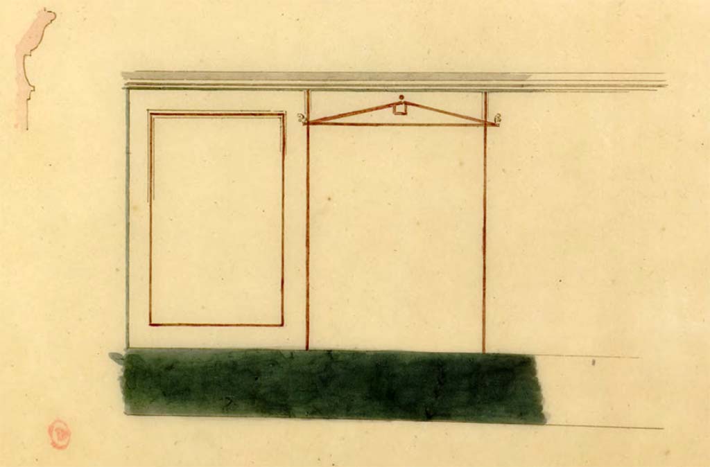 VIII.2.1 Pompeii. c.1817. Watercolour/unfinished sketch by Chenavard of wall in room next to stairs.
See Chenavard, Antoine-Marie (1787-1883) et al. Voyage d'Italie, croquis Tome 3, pl. 119 lower.
INHA Identifiant numérique : NUM MS 703 (3). See Book on INHA 
Document placé sous « Licence Ouverte / Open Licence » Etalab   
