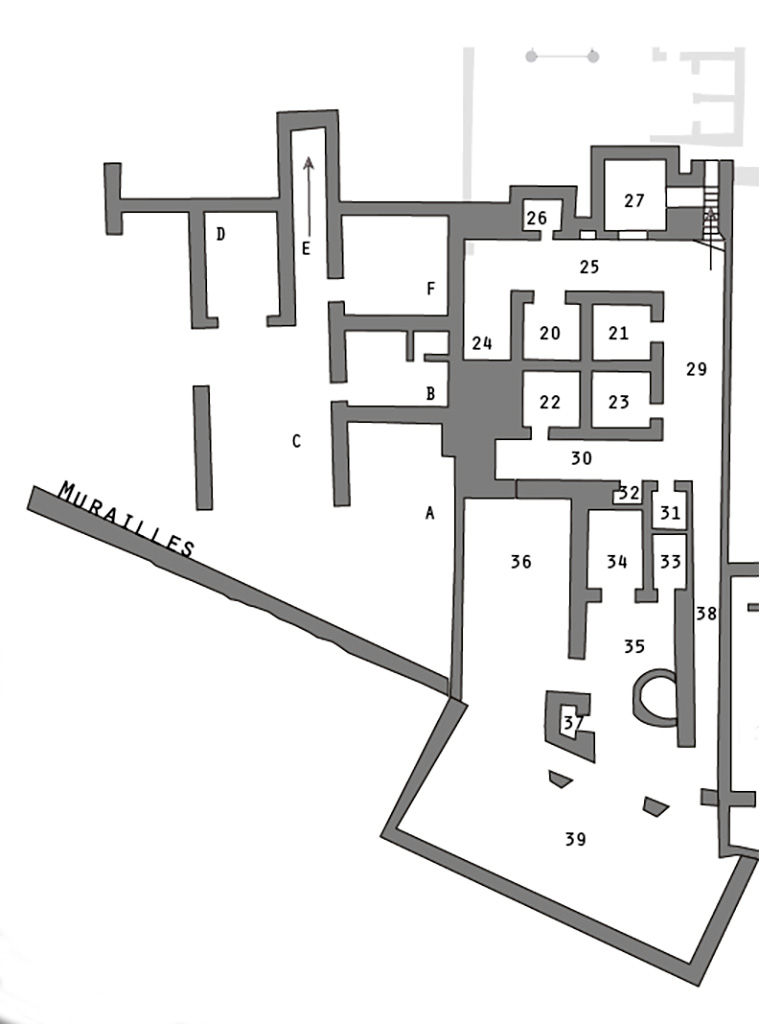 VIII.2.1 Pompeii. Plan of lower level 1.
See Zanella S., 2019. La caccia fu buona: Pour une histoire des fouilles à Pompéi de Titus à l’Europe. Naples : Centre Jean Bérard, Planche II (pt).
