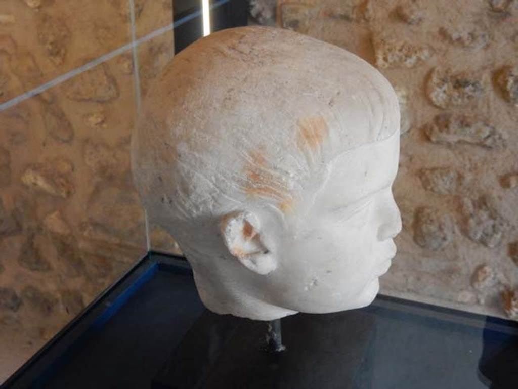 On display in Championnet complex Pompeii. May 2018. Marble youthful head, side view.
Photo courtesy of Buzz Ferebee.

