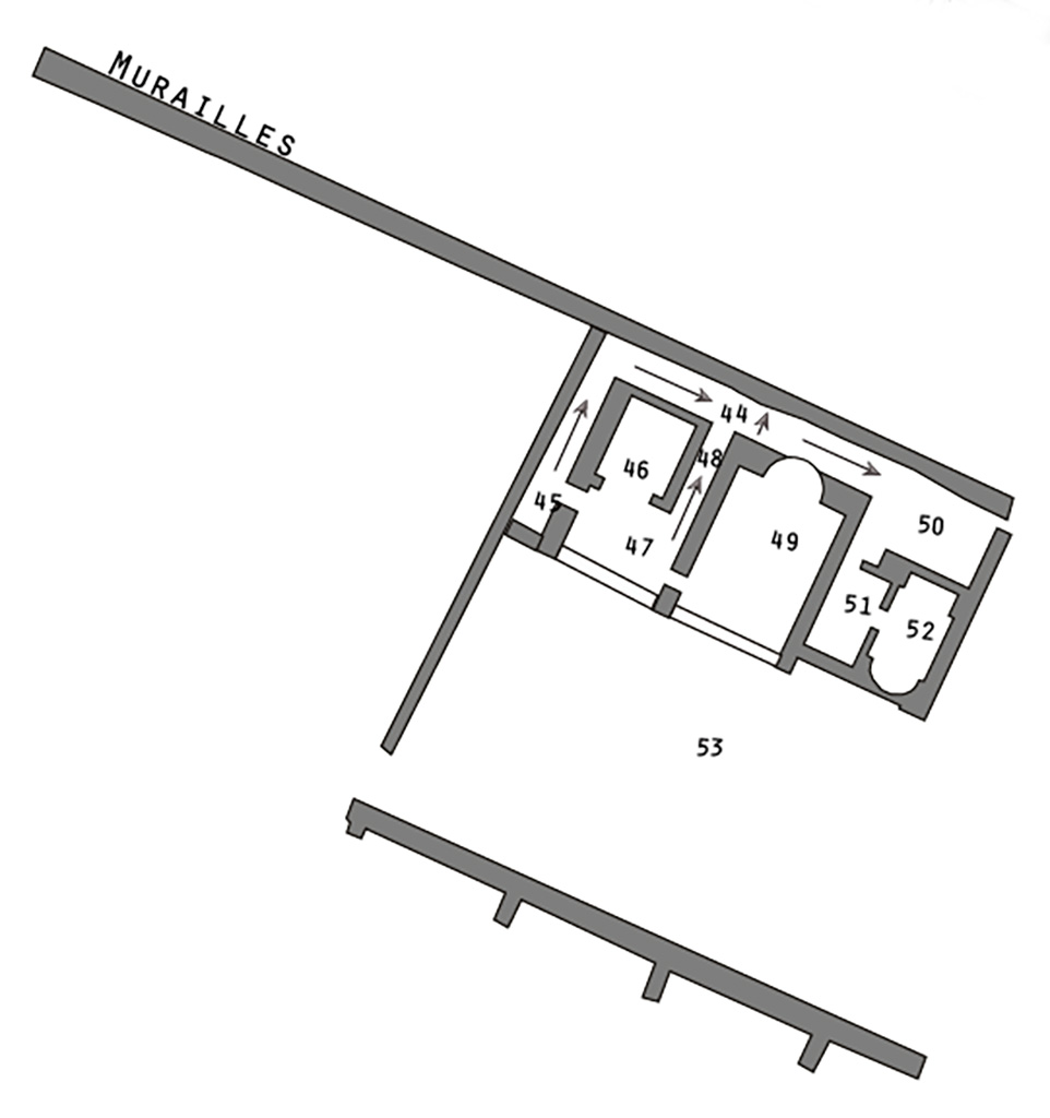 VIII.2.1 Pompeii. Plan of lower level 3, baths area.
See Zanella S., 2019. La caccia fu buona: Pour une histoire des fouilles à Pompéi de Titus à l’Europe. Naples : Centre Jean Bérard, Planche II.

