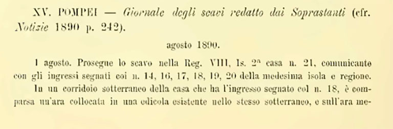 VIII.2.16 Pompeii. Notizie degli Scavi di Antichit, 1890, p. 290.