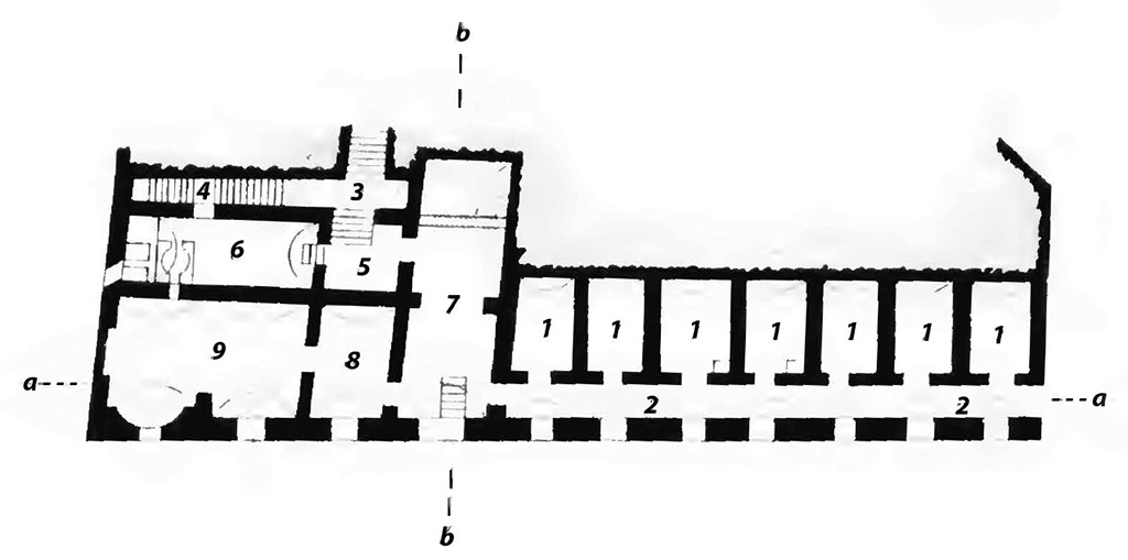 VIII.2.18 Pompeii. Plan drawn in BdI, 1890, showing the area on level 4.
Room 7 on above plan is the apodyterium, or waiting room, also described as frigidarium, no.53, with the plunge pool at the north end, no.54.  
Room 8 is the tepidarium.
Room 9 is the caldarium.
See Bullettino dell’Instituto di Corrispondenza Archeologica (DAIR), 05, 1890, Tav. 6,1 (plan), p.130-138, (for description of rooms).
