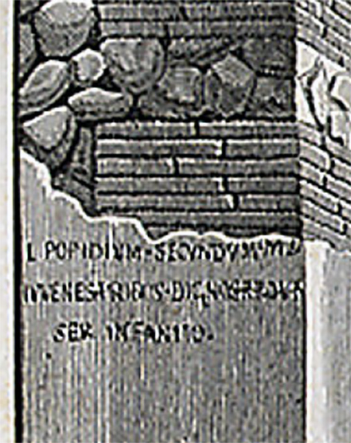 VIII.2.25 Pompeii. 1824 detail of the inscription near the street altar.
See Mazois, F., 1824. Les Ruines de Pompei : Second Partie. Paris : Firmin Didot. (Plate VI).
The Epigraphic Database Roma records the inscription as

C(aium) C̣ụṣ[pium Pansam]
L(ucium) Popidium Secundum ạ[ediles]
ịuvenes probos dignos r(ei) p(ublicae) o(ro) v(os) f(aciatis)
ṣc̣ṛ(ipsit) Infantio

VIII, 2, 25, verso est (a. 1816)   [CIL IV, 00785a]
