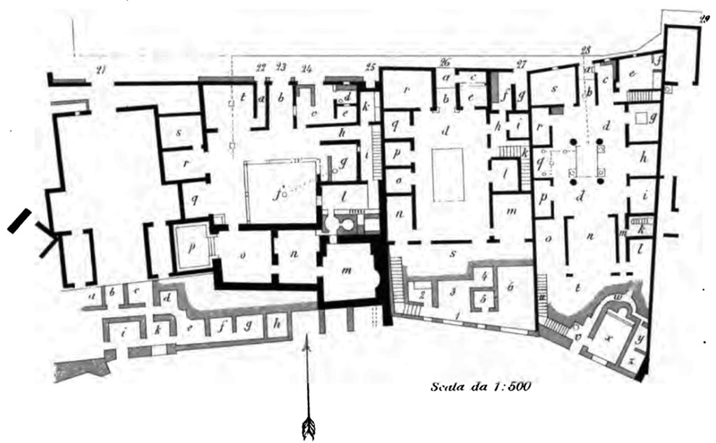 VIII.2.28 Pompeii. !888 plan of house and adjacent houses from BdI.
According to Mau, these houses were unearthed, incompletely however, at the time of the first excavations, and then reburied.
See Bullettino dell’Instituto di Corrispondenza Archeologica (DAIR), 1888, (p.181, and Taf. VII.)

