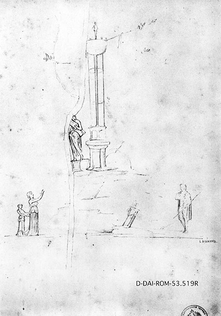 VIII.2.39 Pompeii. Room r, tablinum west wall, central panel. 19th century drawing by G Discanno.
A column has a table resting on it, surmounted by a small herm. 
The sparse fronds of a tree surround it and from the branches and hanging a stick and a kind of long table. 
On the right there is a female statue that holds something between the raised hands.
From the left comes a man preceded by a dog.
DAIR 53.516. Photo © Deutsches Archäologisches Institut, Abteilung Rom, Arkiv. 
See Carratelli, G. P., 1990-2003. Pompei: Pitture e Mosaici: Vol. VIII. Roma: Istituto della enciclopedia italiana, p. 333. 
