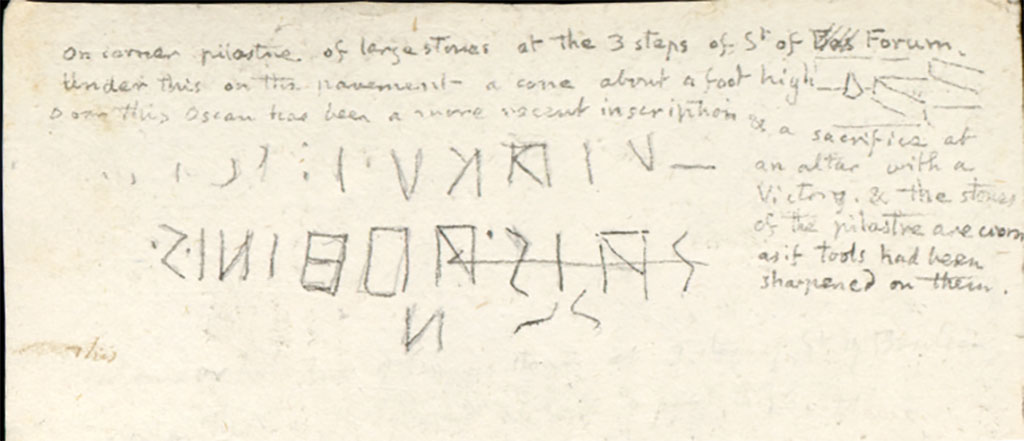 Via dell’Abbondanza, 1814 and 1825, two drawings by Gell of same Oscan inscription, seen outside VIII.3.2.
In 1832 Gell says "As it seems not improbable that the ancient languages of Italy will hereafter be better understood than at present, it may be useful to give the letters as they appear, or did appear, having been carefully copied at many different periods".
See Gell, W, 1832. Pompeiana: Vol 1. London: Jennings and Chaplin. (p.4).
