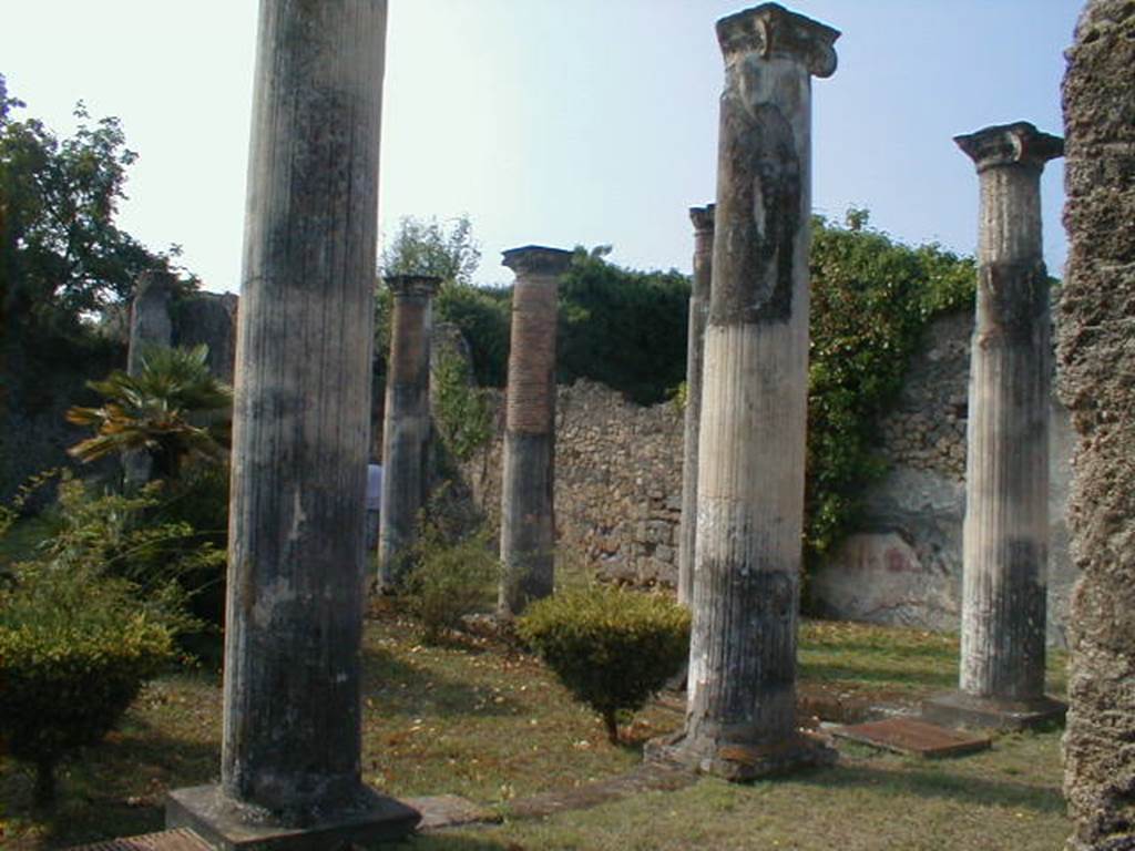 VIII.3.8 Pompeii. September 2004. Peristyle, looking south-west. According to Jashemski, the large garden was enclosed on all four sides by a portico supported by 14 white fluted columns. See Jashemski, W. F., 1993. The Gardens of Pompeii, Volume II: Appendices. New York: Caratzas. (p.210)
