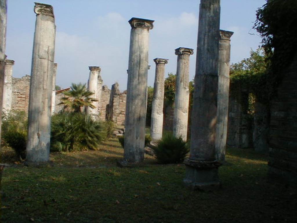 VIII.3.8 Pompeii. September 2004. Looking north-east across peristyle, from large exedra. On the right can be seen one of two columns that decorated the entrance doorway from peristyle to exedra. According to Jashemski, from the spacious exedra at the rear of the garden, its entrance framed by 2 columns, there was an impressive view over the entire length of the garden.  See Jashemski, W. F., 1993. The Gardens of Pompeii, Volume II: Appendices. New York: Caratzas. (p.210)

