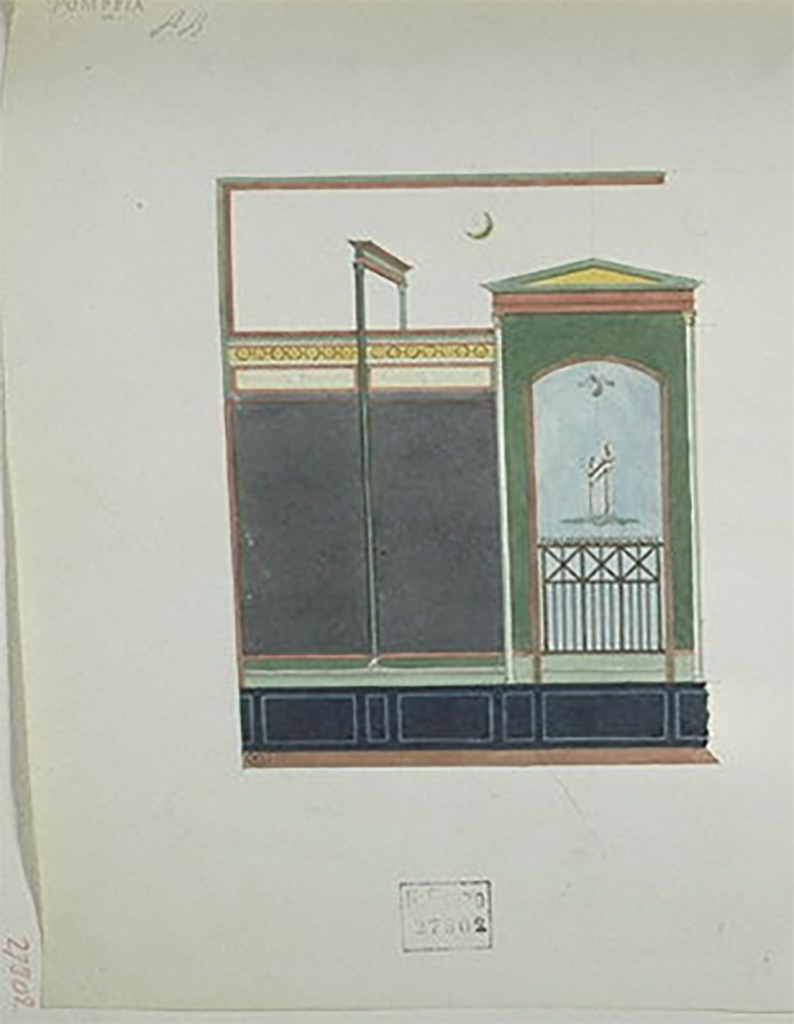 Pompeia. 1821 painting of wall by Prosper Barbot.
From an album P. BARBOT. Voyage d'architecture en Italie. 1820-1822. Naples du 3 mai au 19 juin 1821, Folio 63.
© Réunion des musées nationaux - utilisation soumise à autorisation
See https://www.pop.culture.gouv.fr/notice/joconde/50350225993 
