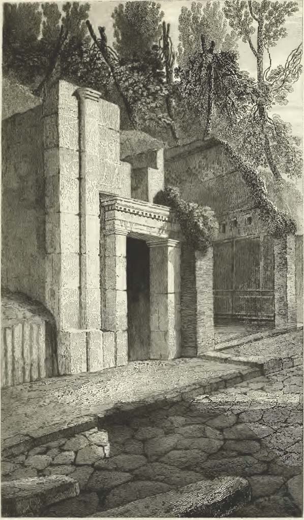 VIII.3.10 and VIII.3.9 Pompeii. 1832 drawing by Gell.
According to Gell, right of the entrance is a monkey playing the double pipes painted on the wall as a sort of guardian to the place.
See Gell, W, 1832. Pompeiana: Vol 1. London: Jennings and Chaplin, p. 5, pl. VII.  
