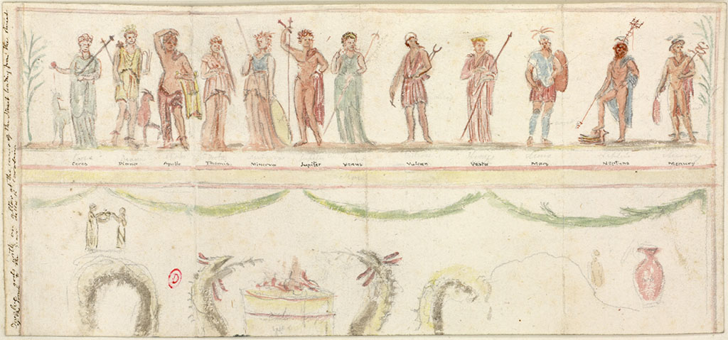 VIII.3.11 Pompeii. c.1819, sketch by W. Gell of the painting of the 12 Gods, with part of the painting of the two serpents.
See Gell W & Gandy, J.P: Pompeii published 1819 [Dessins publiés dans l'ouvrage de Sir William Gell et John P. Gandy, Pompeiana: the topography, edifices and ornaments of Pompei, 1817-1819], pl. 54.
See book in Bibliothèque de l'Institut National d'Histoire de l'Art [France], collections Jacques Doucet Gell Dessins 1817-1819
Use Etalab Open Licence ou Etalab Licence Ouverte
