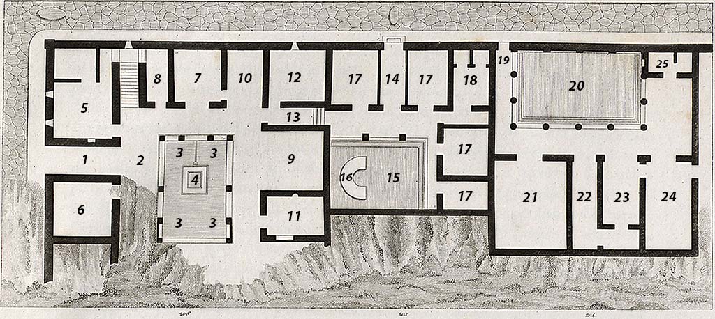 VIII.3.14 Pompeii, on left, linked by steps with VII.3.15, in centre. pre-1824. 
Plan by Mazois of area on south side of Insula 3, in Reg. VIII. North is at the bottom on this plan.
On the right of the plan, with the entrance at 19, (now numbered VIII.3.16) Mazois describes the peristyle area of the house linked to VIII.3.18.
See Mazois, F., 1824. Les Ruines de Pompei : Second Partie. Paris : Firmin Didot, p. 50 pl. XII, fig. I.
